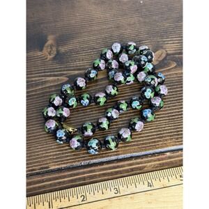 Vintage Chinese Black Floral Cloisonné Bead Enamel Necklace Filigree Clasp